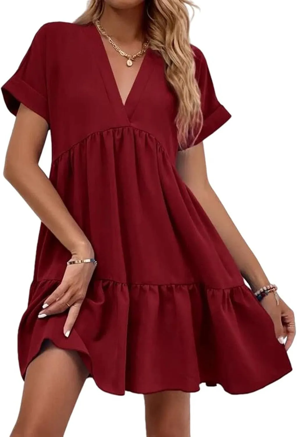 Canbebig Women's Roll Up Short Sleeve V Neck Ruffle Hem Solid Swing Smock Dress Casual Loose Fit Mini Dress Summer Beach Wear