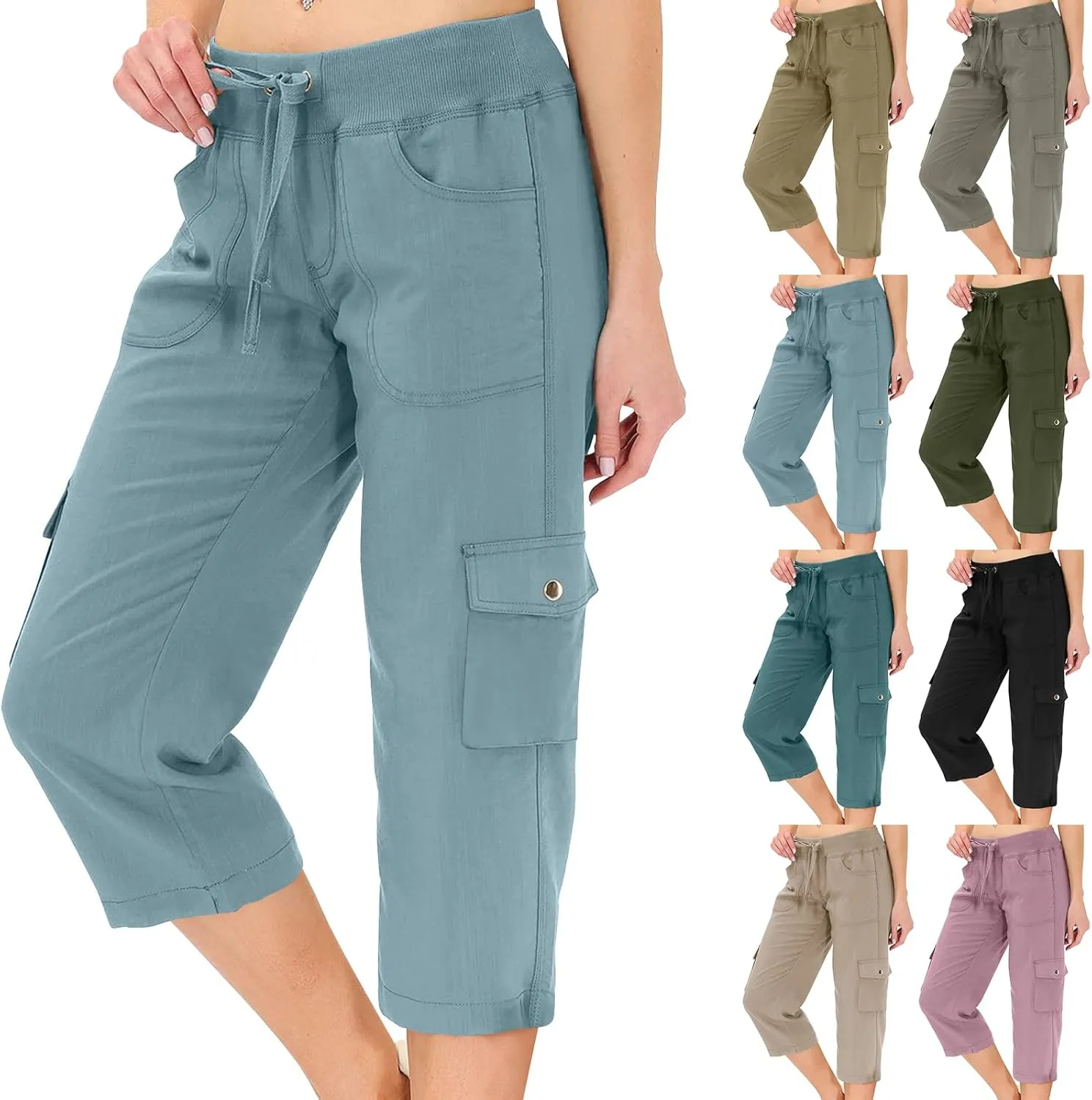 Capri Cargo Pants Women Baggy Casual Elastic Waist Lightweight Hiking Pants with Pockets Stretch Comfy Work Pants