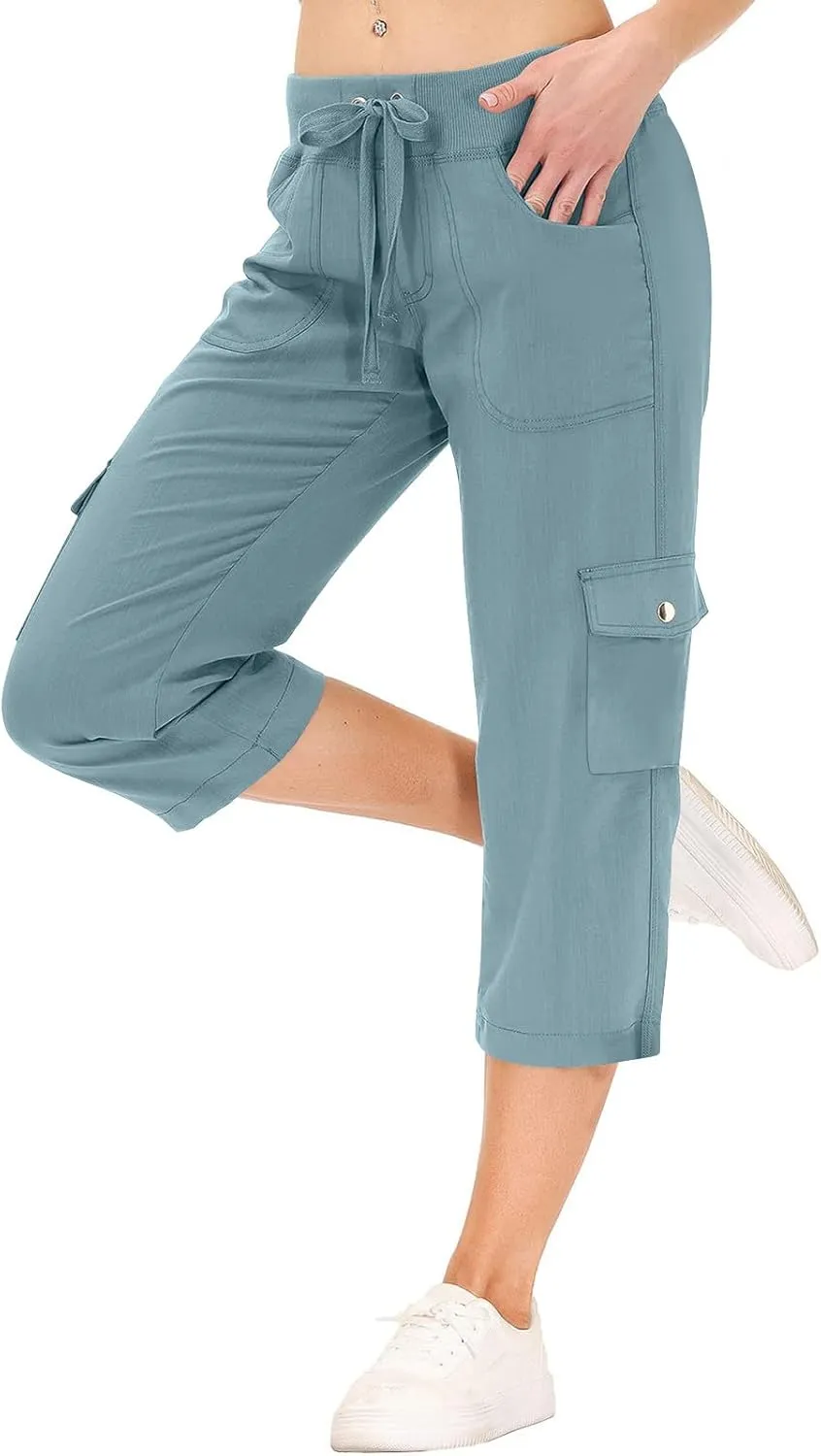 Capri Cargo Pants Women Baggy Casual Elastic Waist Lightweight Hiking Pants with Pockets Stretch Comfy Work Pants
