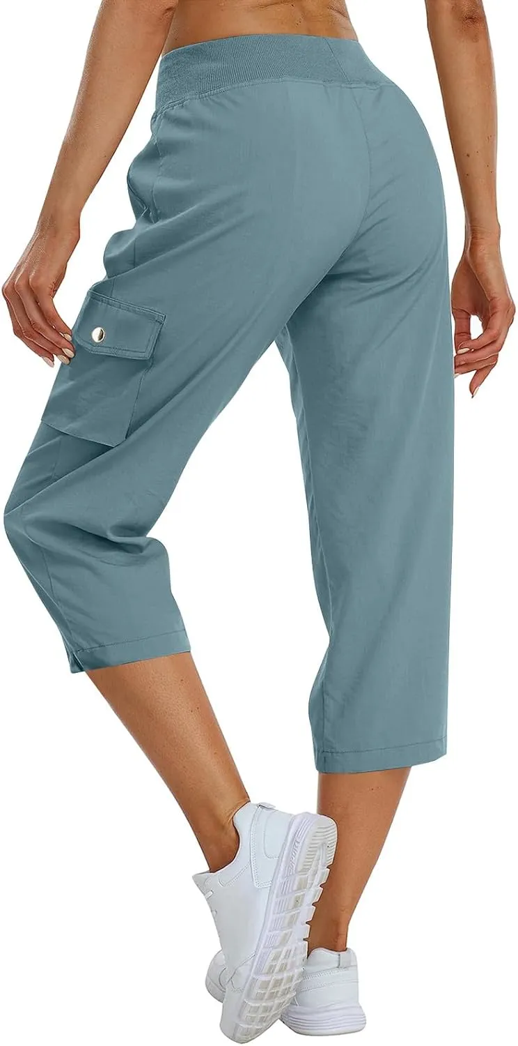 Capri Cargo Pants Women Baggy Casual Elastic Waist Lightweight Hiking Pants with Pockets Stretch Comfy Work Pants