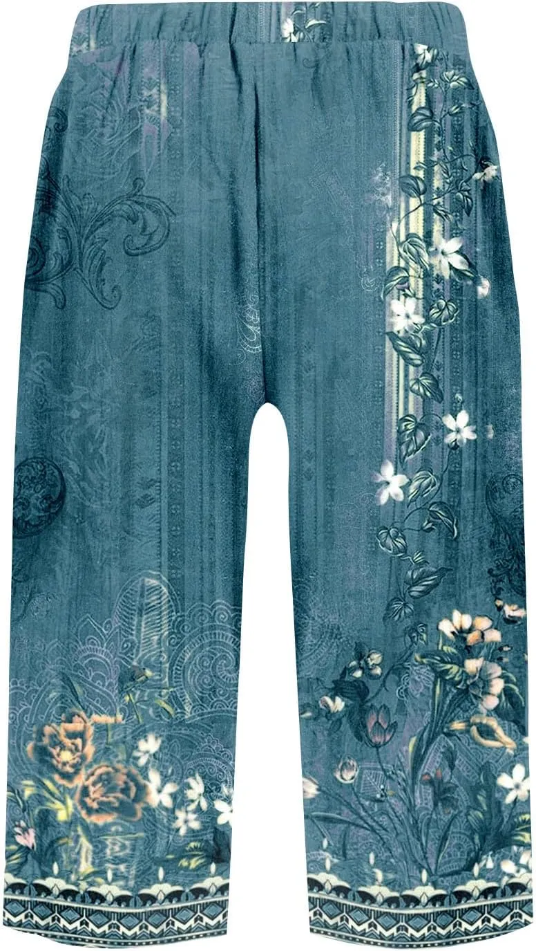 Capri Pants for Women Bermuda Shorts High Waisted Wide Leg Cropped Linen Pants Casual Palazzo Pant with Pockets