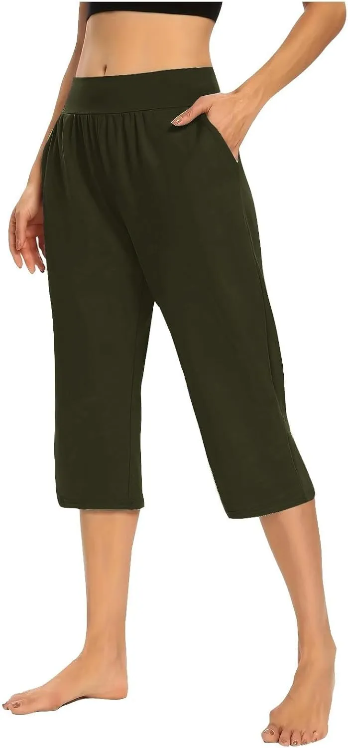 Capri Pants for Women Casual Summer Elastic Waist Pants Straight Wide Leg High Waisted with Pockets Cropped Trouser