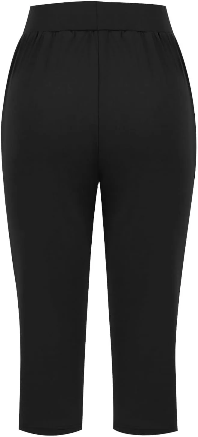 Capri Pants for Women Casual Summer Elastic Waist Pants Straight Wide Leg High Waisted with Pockets Cropped Trouser