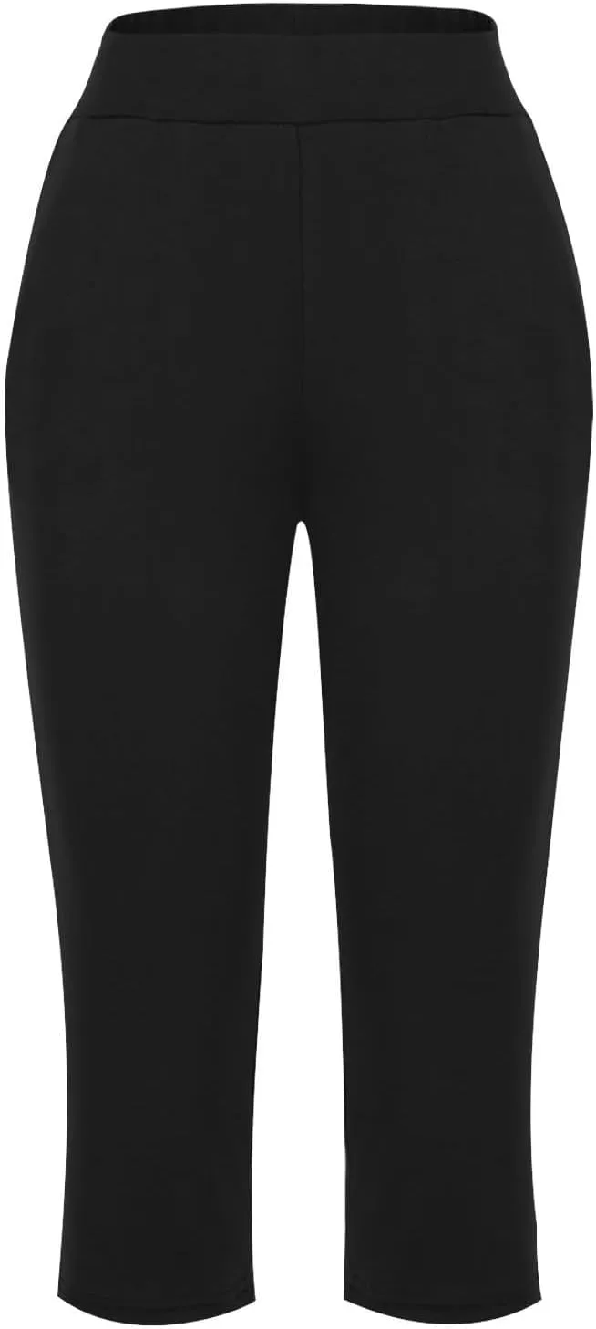 Capri Pants for Women Casual Summer Elastic Waist Pants Straight Wide Leg High Waisted with Pockets Cropped Trouser
