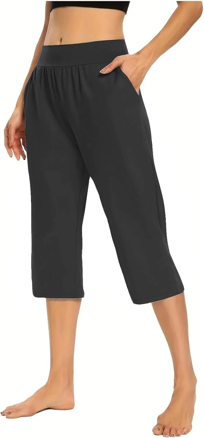 Capri Pants for Women Casual Summer Elastic Waist Pants Straight Wide Leg High Waisted with Pockets Cropped Trouser