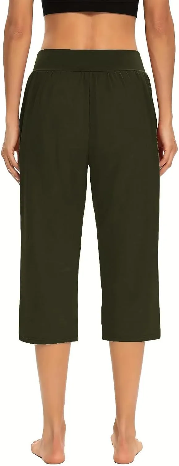 Capri Pants for Women Casual Summer Elastic Waist Pants Straight Wide Leg High Waisted with Pockets Cropped Trouser