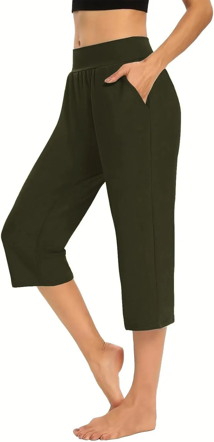 Capri Pants for Women Casual Summer Elastic Waist Pants Straight Wide Leg High Waisted with Pockets Cropped Trouser