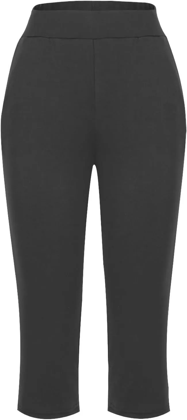 Capri Pants for Women Casual Summer Elastic Waist Pants Straight Wide Leg High Waisted with Pockets Cropped Trouser