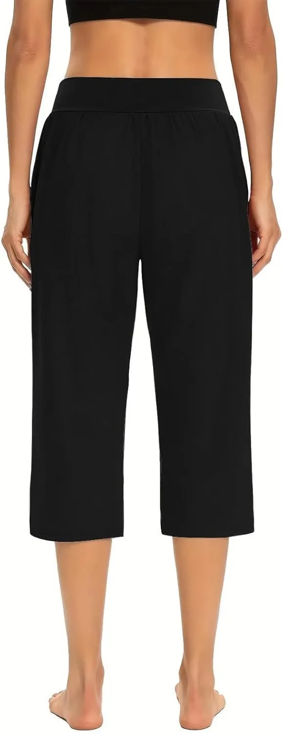 Capri Pants for Women Casual Summer Elastic Waist Pants Straight Wide Leg High Waisted with Pockets Cropped Trouser