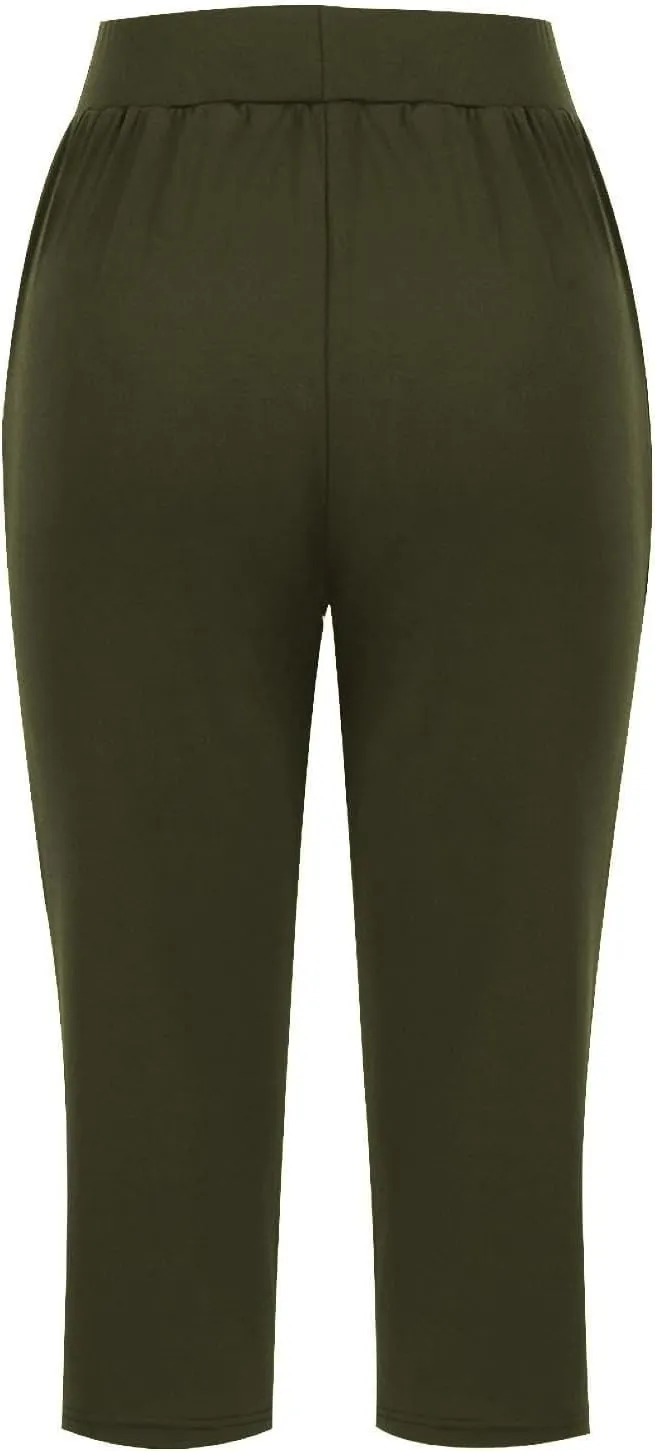 Capri Pants for Women Casual Summer Elastic Waist Pants Straight Wide Leg High Waisted with Pockets Cropped Trouser