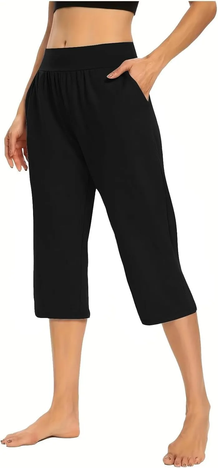 Capri Pants for Women Casual Summer Elastic Waist Pants Straight Wide Leg High Waisted with Pockets Cropped Trouser