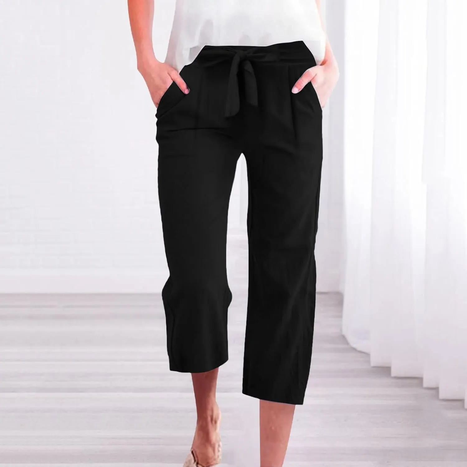 Capri Pants for Women Linen Lightweight Elastic Waist Drawstring Pants Straight Wide Leg Pockets 2025 Cropped Trouser