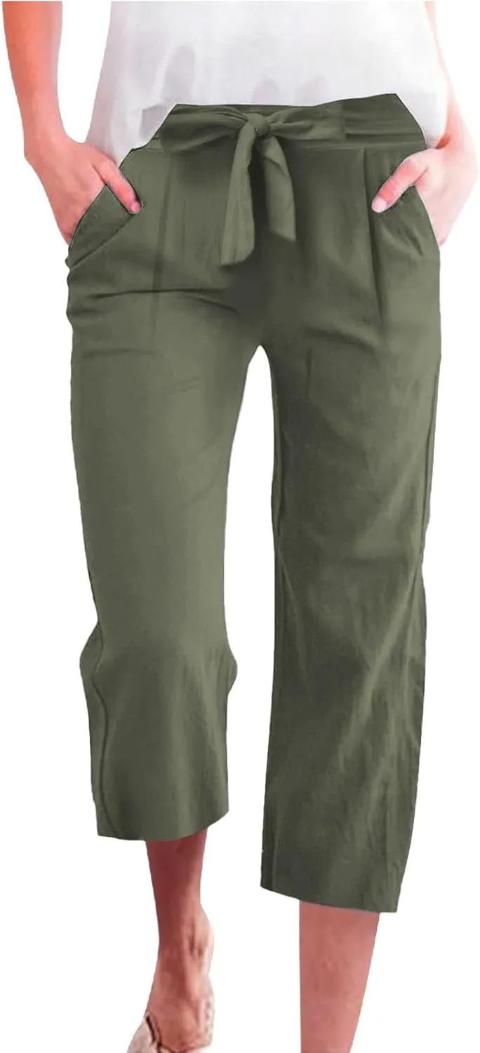 Capri Pants for Women Linen Lightweight Elastic Waist Drawstring Pants Straight Wide Leg Pockets 2025 Cropped Trouser