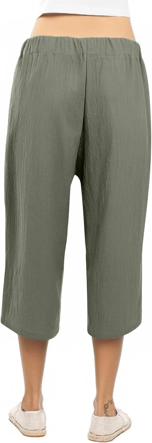 Capri Pants for Women Linen Lightweight Elastic Waist Drawstring Pants Straight Wide Leg Pockets 2025 Cropped Trouser