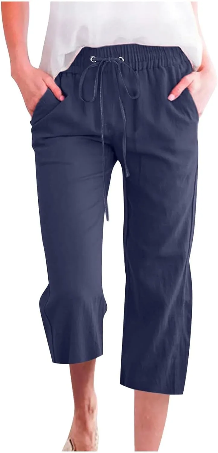 Capri Pants for Women Linen Lightweight Elastic Waist Drawstring Pants Straight Wide Leg Pockets 2025 Cropped Trouser