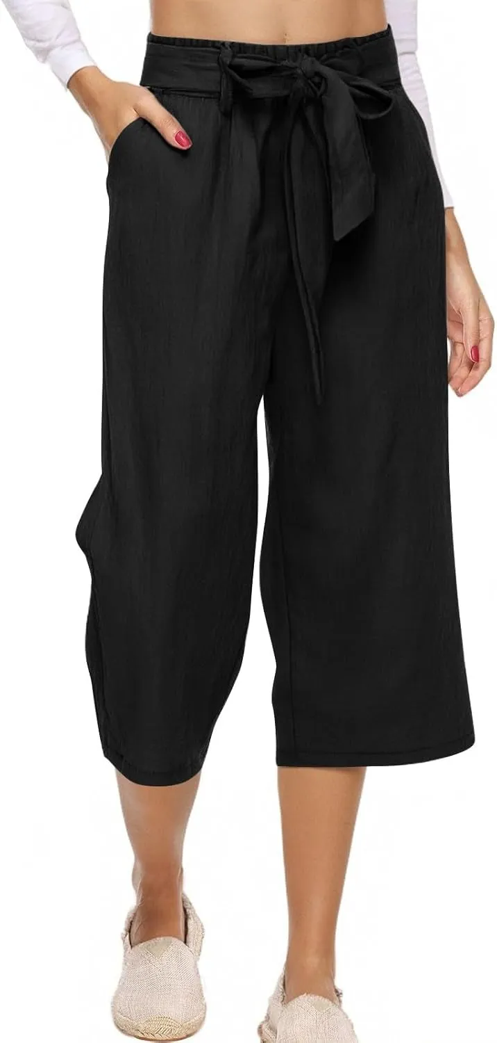 Capri Pants for Women Linen Lightweight Elastic Waist Drawstring Pants Straight Wide Leg Pockets 2025 Cropped Trouser