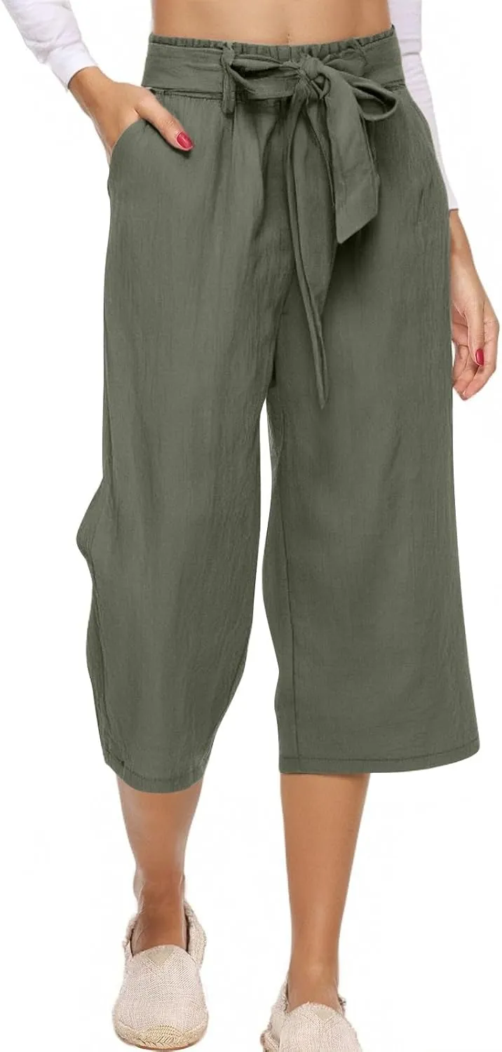 Capri Pants for Women Linen Lightweight Elastic Waist Drawstring Pants Straight Wide Leg Pockets 2025 Cropped Trouser