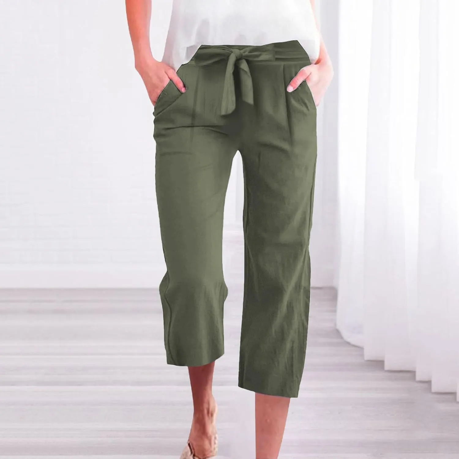 Capri Pants for Women Linen Lightweight Elastic Waist Drawstring Pants Straight Wide Leg Pockets 2025 Cropped Trouser