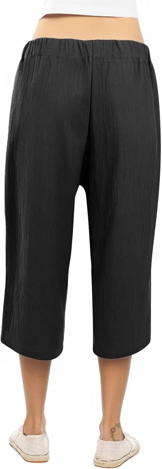 Capri Pants for Women Linen Lightweight Elastic Waist Drawstring Pants Straight Wide Leg Pockets 2025 Cropped Trouser