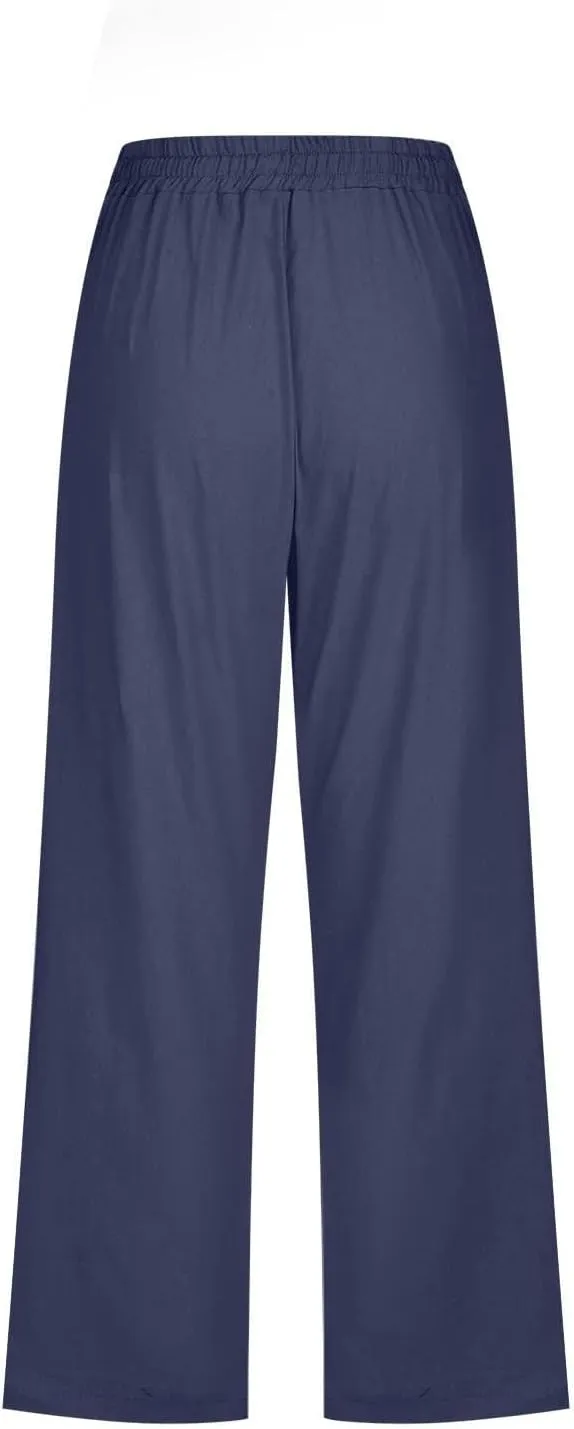Capri Pants for Women Linen Lightweight Elastic Waist Drawstring Pants Straight Wide Leg Pockets 2025 Cropped Trouser