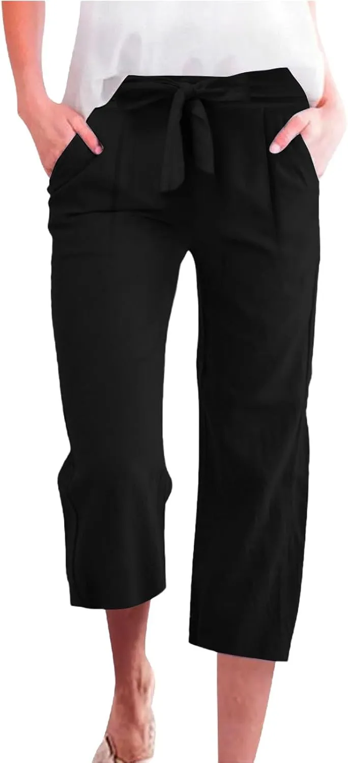 Capri Pants for Women Linen Lightweight Elastic Waist Drawstring Pants Straight Wide Leg Pockets 2025 Cropped Trouser