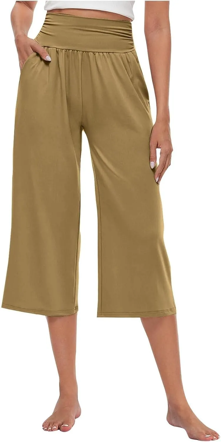 Capris Pants for Women 2025 Summer Elastic Waist Pants Straight Wide Leg High Waisted with Pockets Cropped Trouser