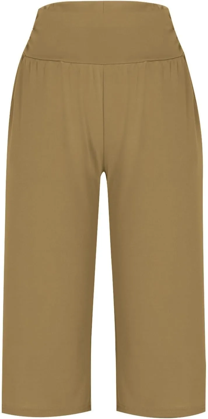 Capris Pants for Women 2025 Summer Elastic Waist Pants Straight Wide Leg High Waisted with Pockets Cropped Trouser