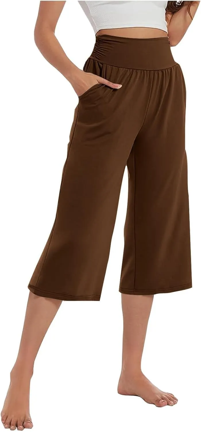 Capris Pants for Women 2025 Summer Elastic Waist Pants Straight Wide Leg High Waisted with Pockets Cropped Trouser