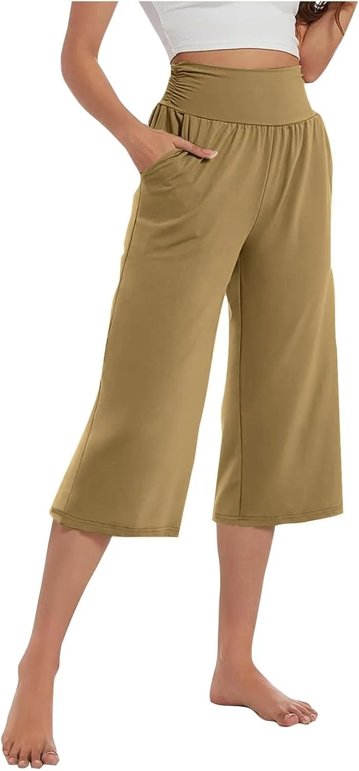 Capris Pants for Women 2025 Summer Elastic Waist Pants Straight Wide Leg High Waisted with Pockets Cropped Trouser