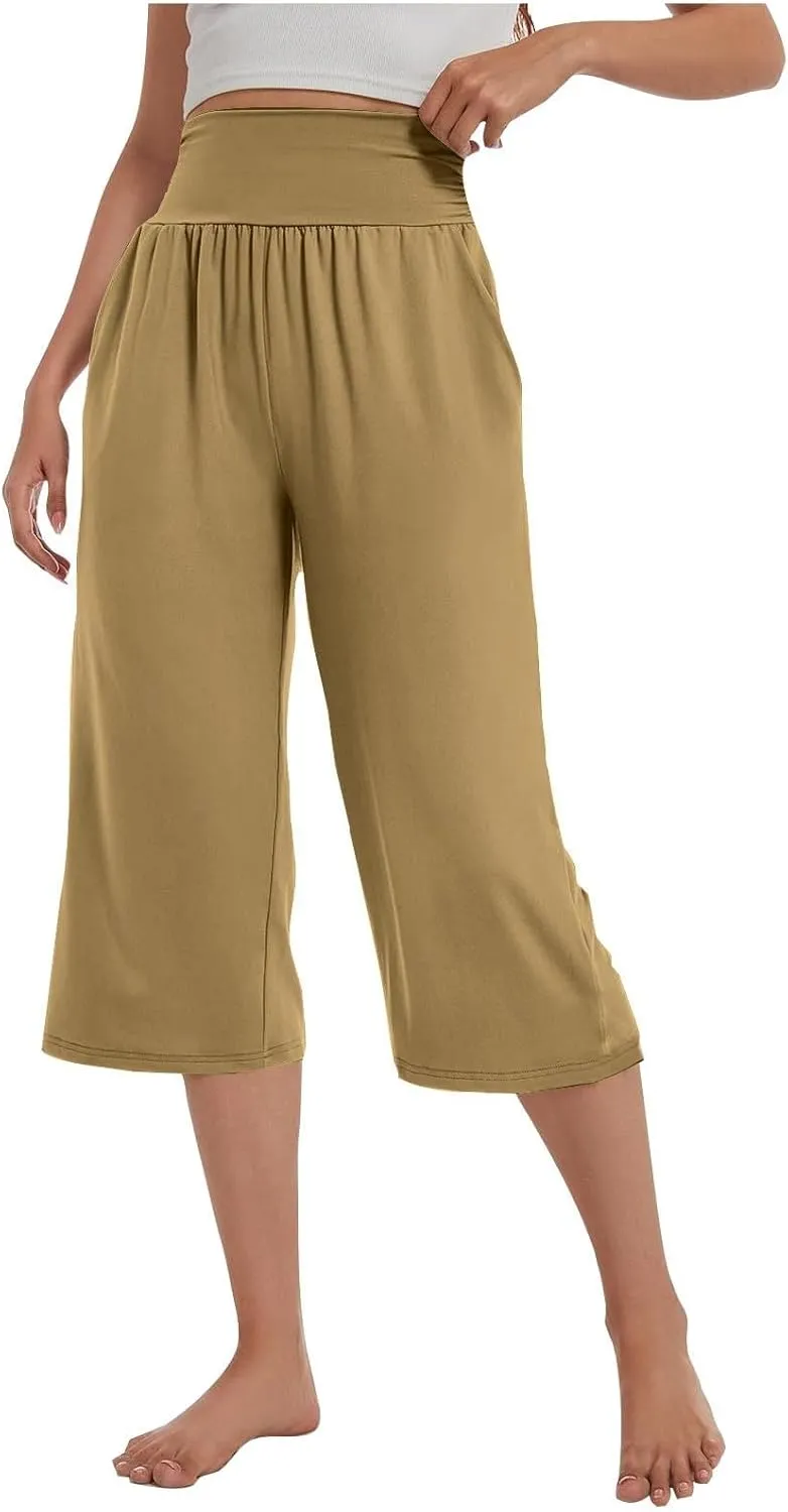 Capris Pants for Women 2025 Summer Elastic Waist Pants Straight Wide Leg High Waisted with Pockets Cropped Trouser