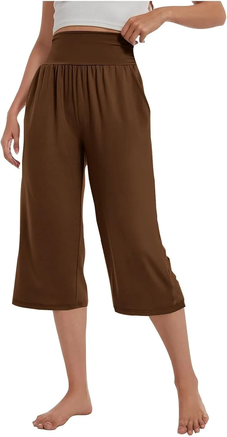 Capris Pants for Women 2025 Summer Elastic Waist Pants Straight Wide Leg High Waisted with Pockets Cropped Trouser