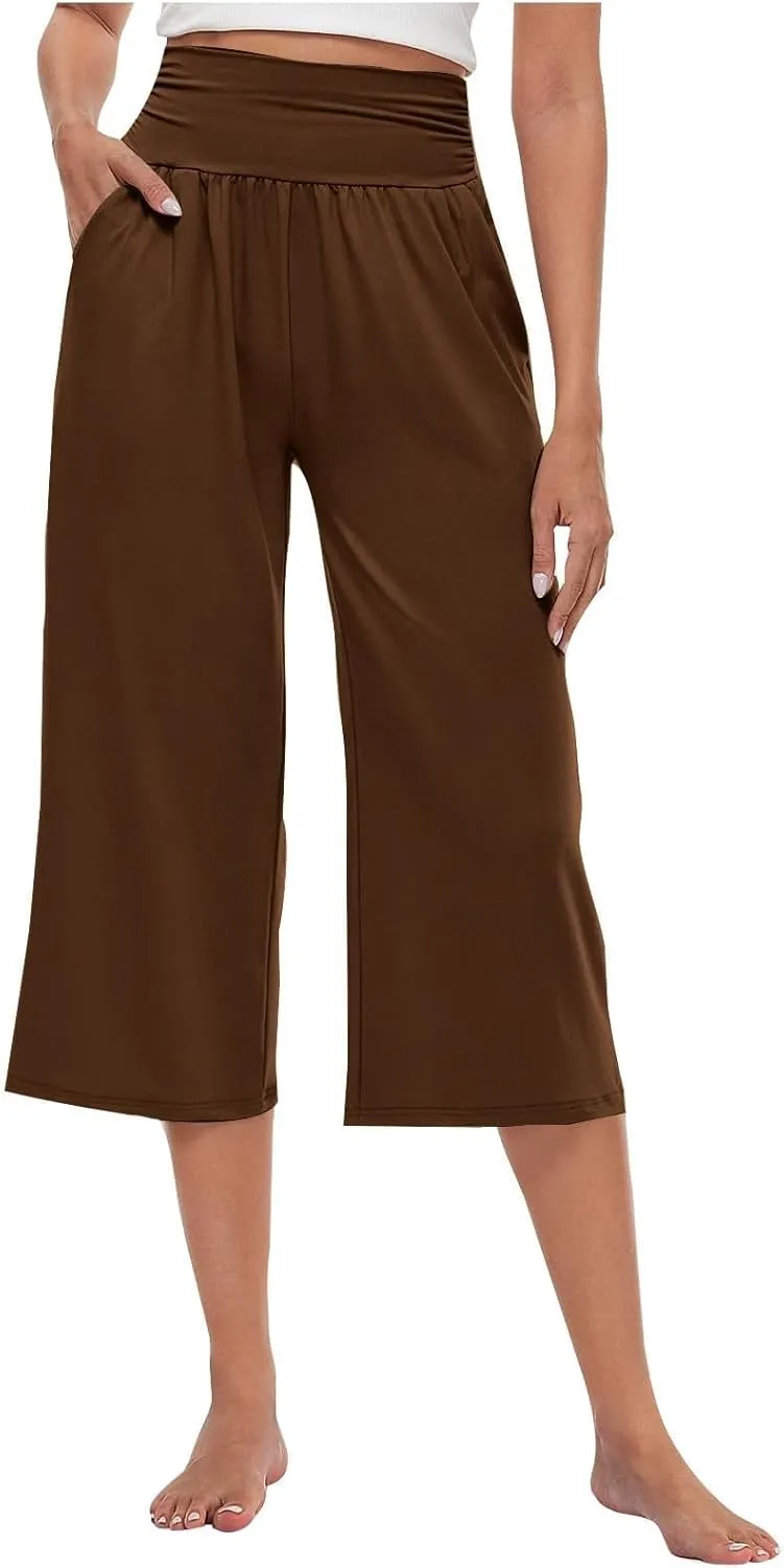 Capris Pants for Women 2025 Summer Elastic Waist Pants Straight Wide Leg High Waisted with Pockets Cropped Trouser