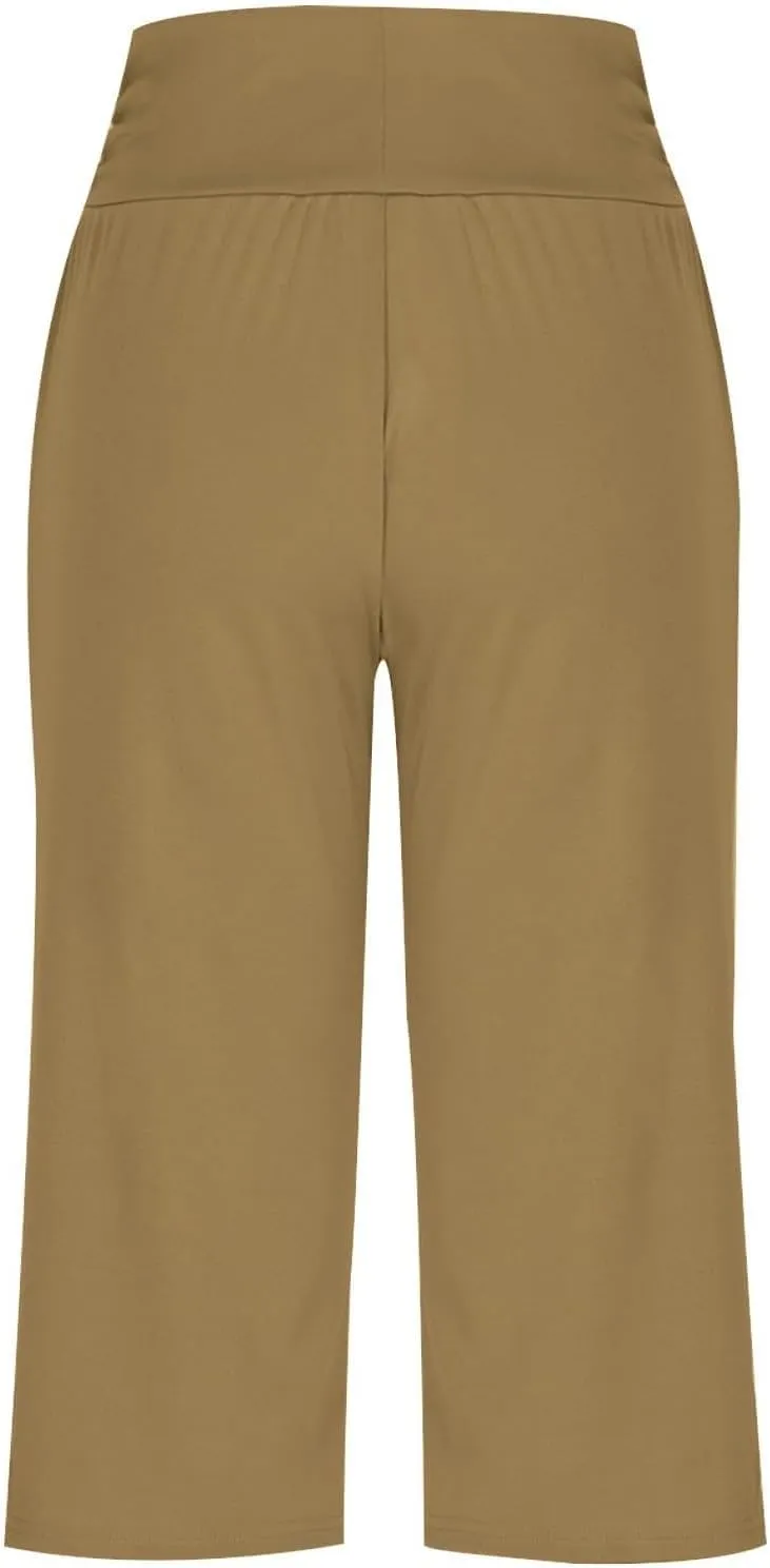 Capris Pants for Women 2025 Summer Elastic Waist Pants Straight Wide Leg High Waisted with Pockets Cropped Trouser