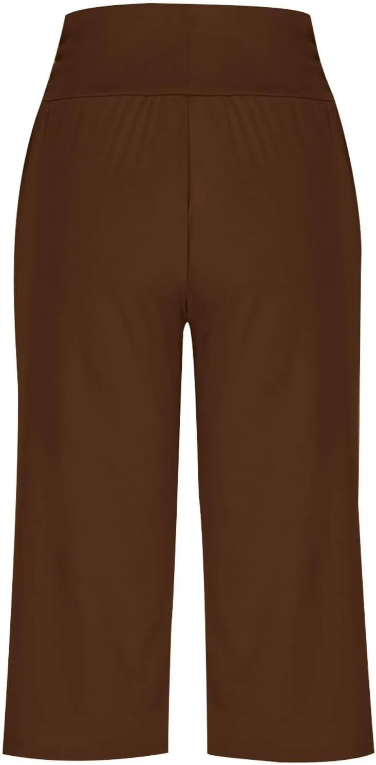 Capris Pants for Women 2025 Summer Elastic Waist Pants Straight Wide Leg High Waisted with Pockets Cropped Trouser