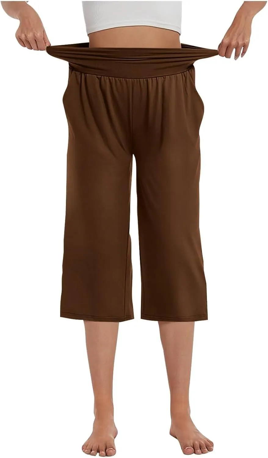 Capris Pants for Women 2025 Summer Elastic Waist Pants Straight Wide Leg High Waisted with Pockets Cropped Trouser