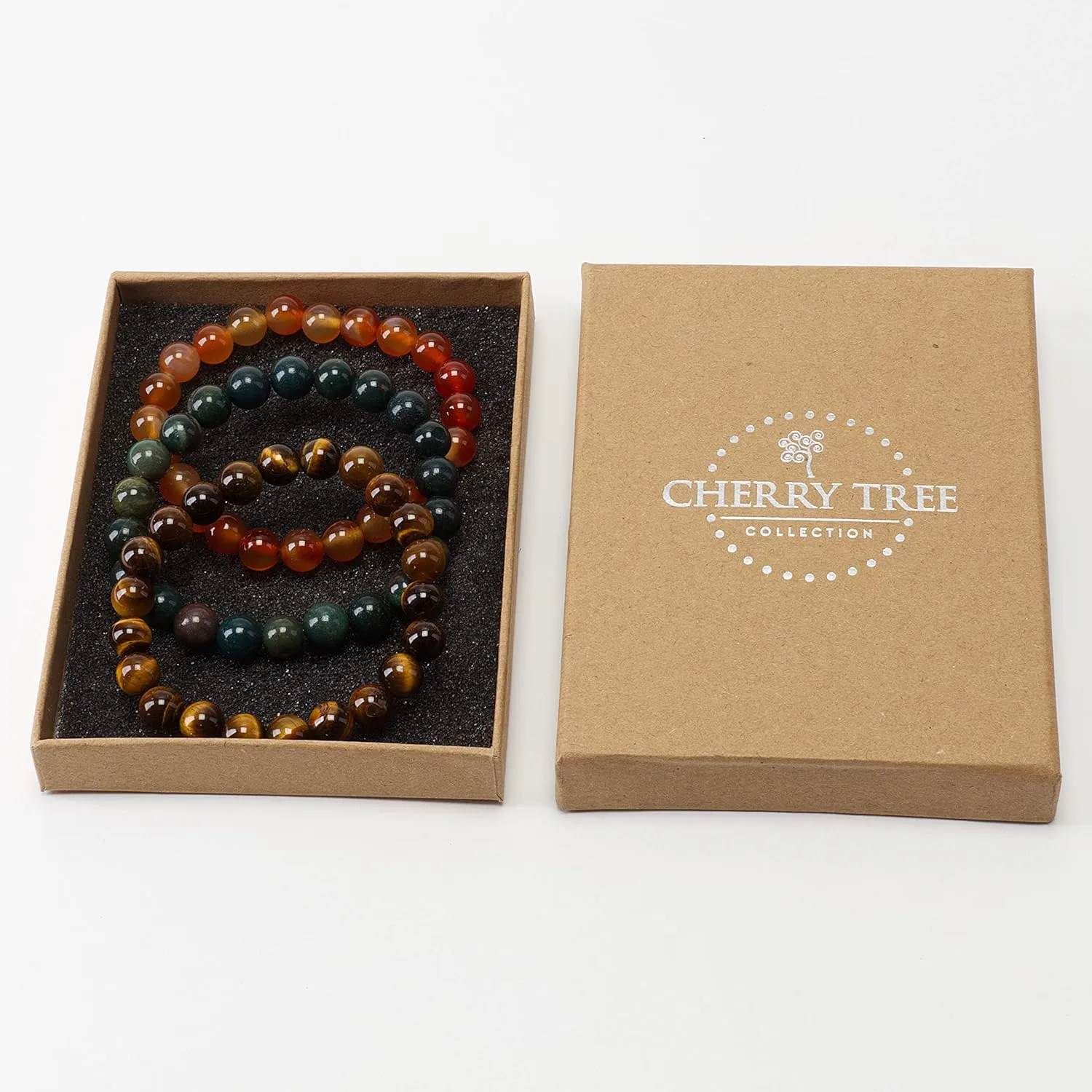 Cherry Tree Collection Gemstone - Small, Medium, Large Sizes - 3 Beaded Bracelet Set With Gift Box - Bracelets For Men and Women - 8mm Beads