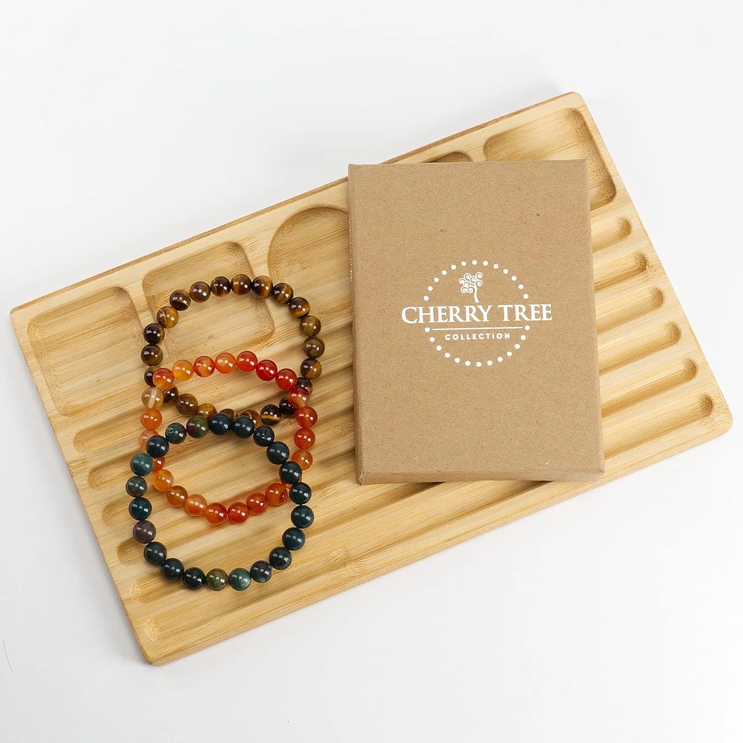 Cherry Tree Collection Gemstone - Small, Medium, Large Sizes - 3 Beaded Bracelet Set With Gift Box - Bracelets For Men and Women - 8mm Beads