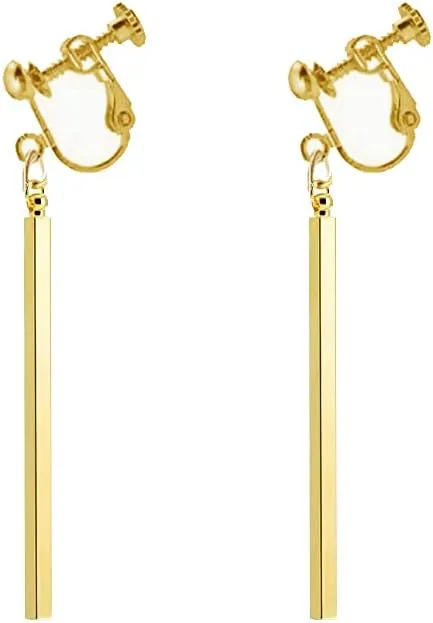 Chic Minimalist Vertical Long Bar Clip on Earrings 18K Gold Plated Long Circle Bar Earrings Geometric Jewelry for Women