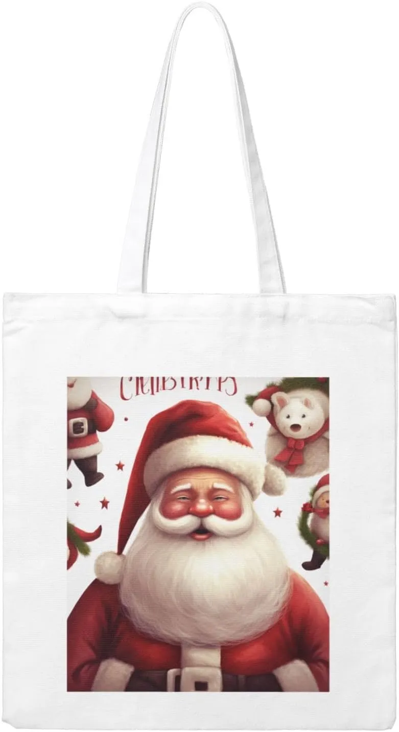 (Christmas Santa Claus) Reusable Canvas Tote Bag For Women Shoulder Bag For Shopping Grocery Beach Travel Work