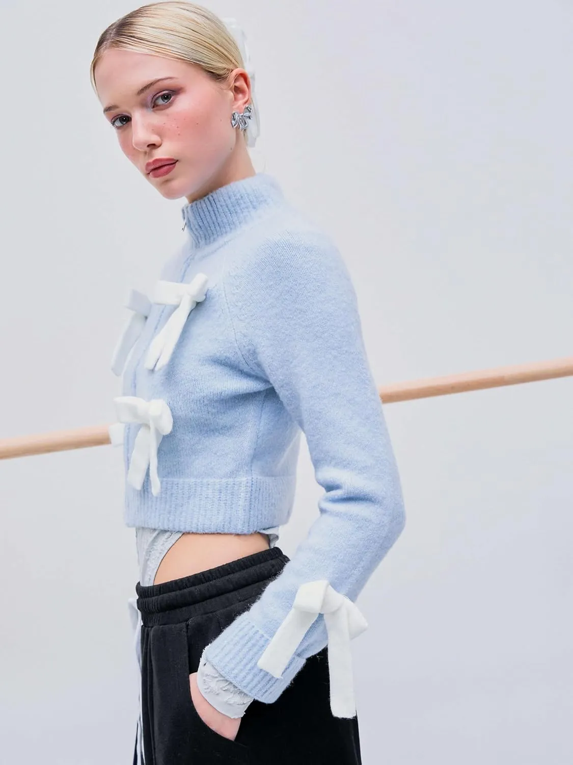 CIDER Womens Bow Knot Cardigan Knit Zip Up Jackets Color Block Mock Turtleneck Long Sleeve Crop Tops Winter Outfit