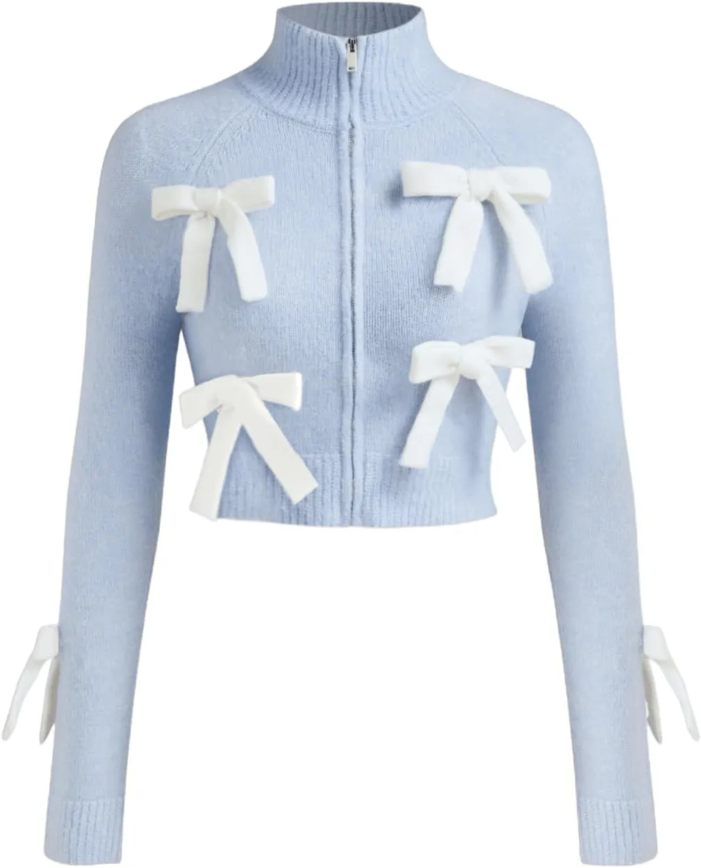CIDER Womens Bow Knot Cardigan Knit Zip Up Jackets Color Block Mock Turtleneck Long Sleeve Crop Tops Winter Outfit