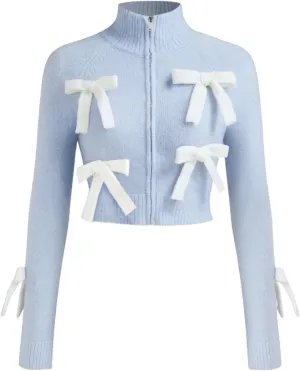 CIDER Womens Bow Knot Cardigan Knit Zip Up Jackets Color Block Mock Turtleneck Long Sleeve Crop Tops Winter Outfit