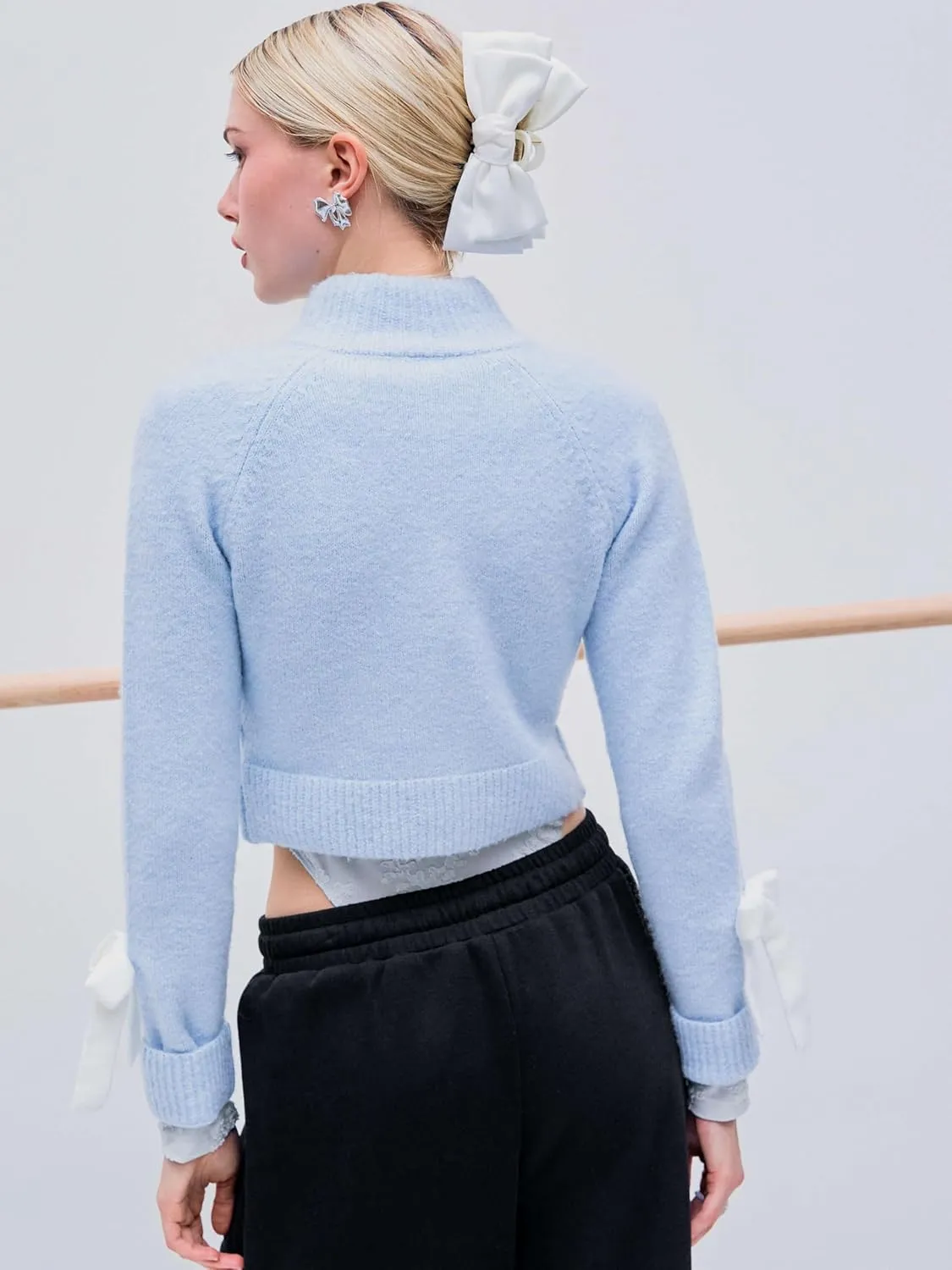 CIDER Womens Bow Knot Cardigan Knit Zip Up Jackets Color Block Mock Turtleneck Long Sleeve Crop Tops Winter Outfit
