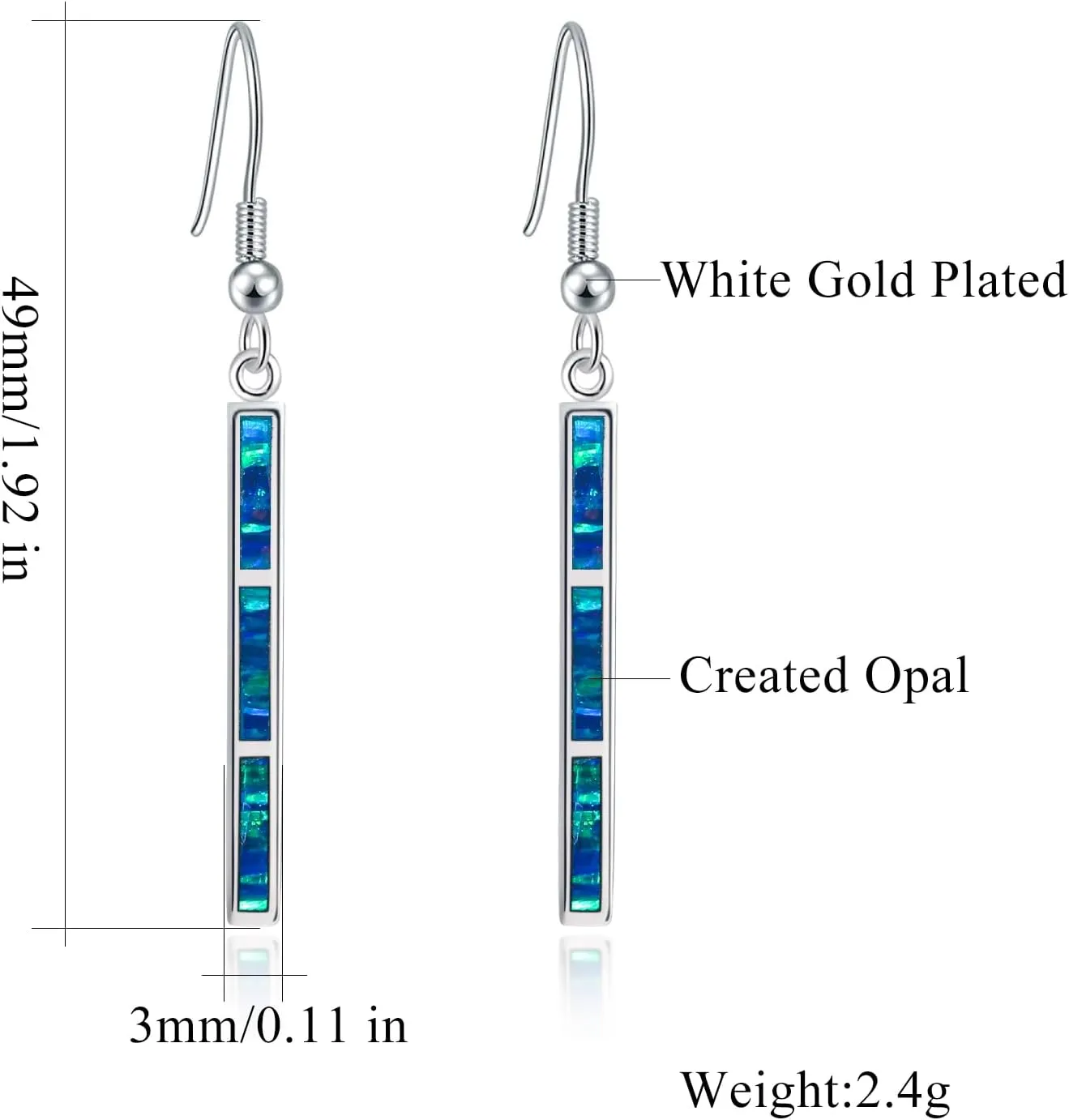 CiNily Opal Drop Earrings - Silver or Gold Plated Dangle Bar Jewelry for Women, Gems Earrings 2 1/8"