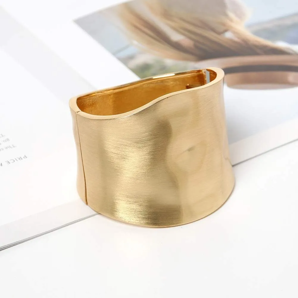 COLORFUL BLING Gold Tone Wide Chunky Bangle Bracelet for Women Polished Frosted Irregular Twist Grooved Cuff Bangle Simple exaggerated Wrist Statement Jewelry