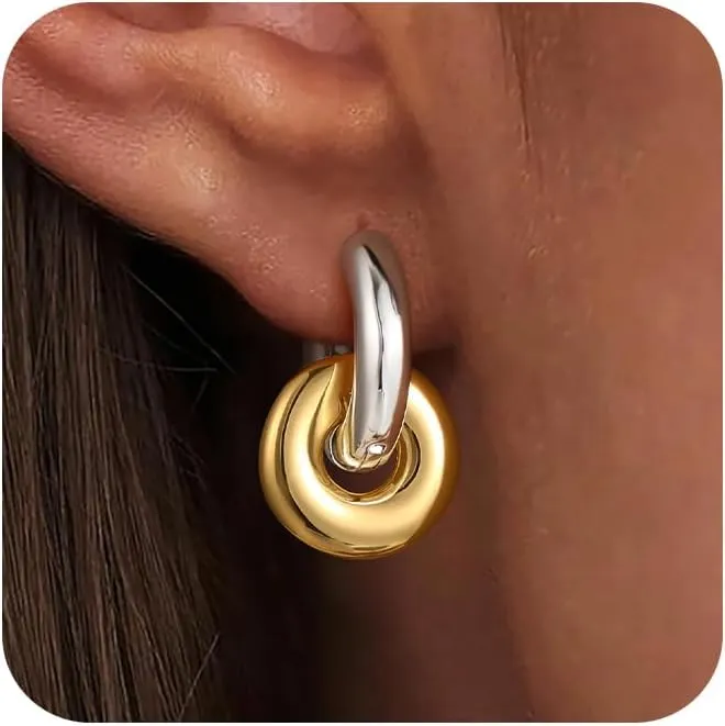 Convertible Chunky Hoop Earrings for Women Trendy: Paperclip Link Hoop Earrings Two-Tone Plated Geometric Drop/Dangle Huggie Hoop Earrings Hypoallergenic Lightweight Trendy Gold Jewelry