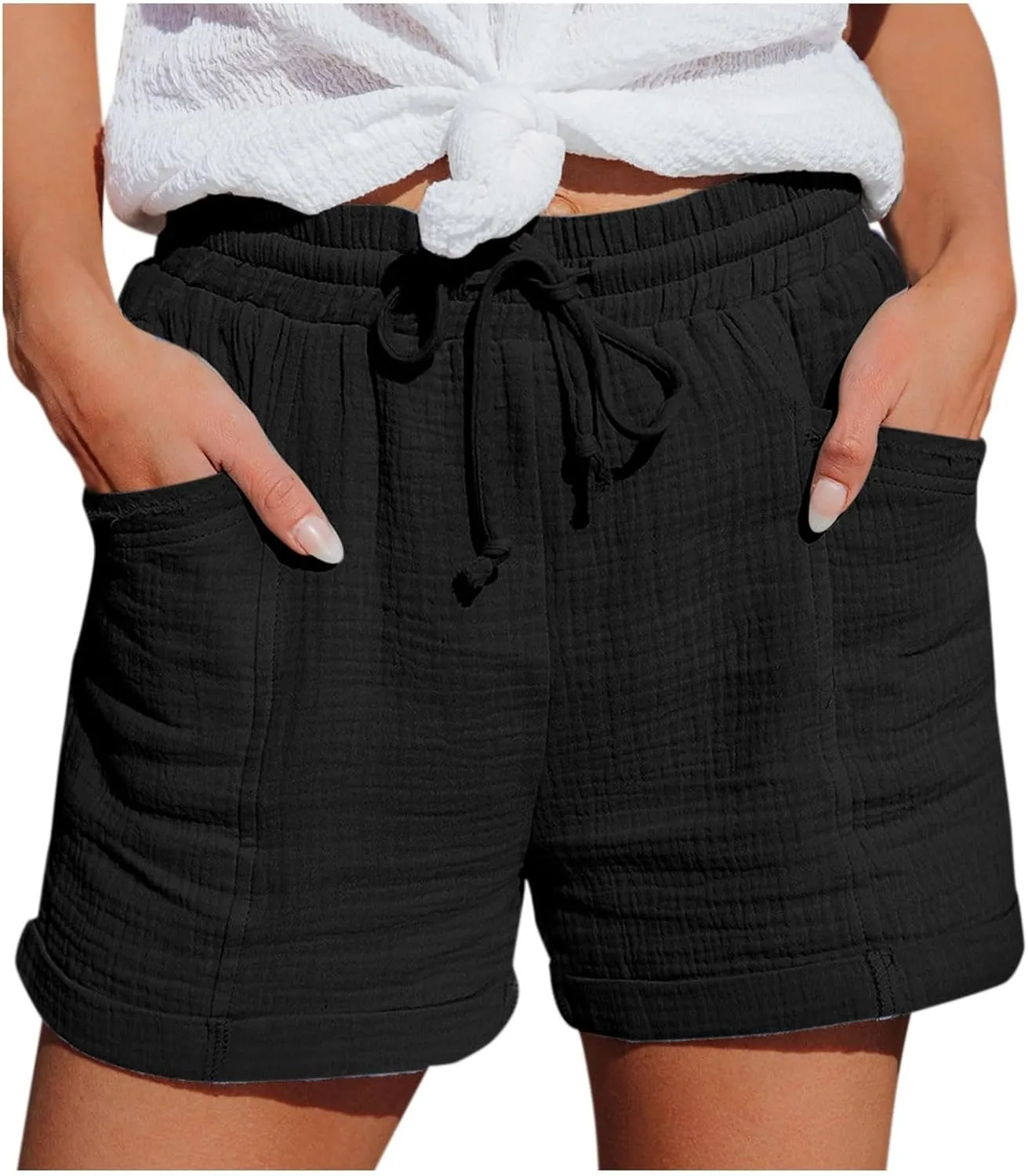 Cotton Linen Shorts for Women Drawstring Elastic High Waist Casual Summer Shorts Lightweight Baggy Comfy Shorts with Pockets