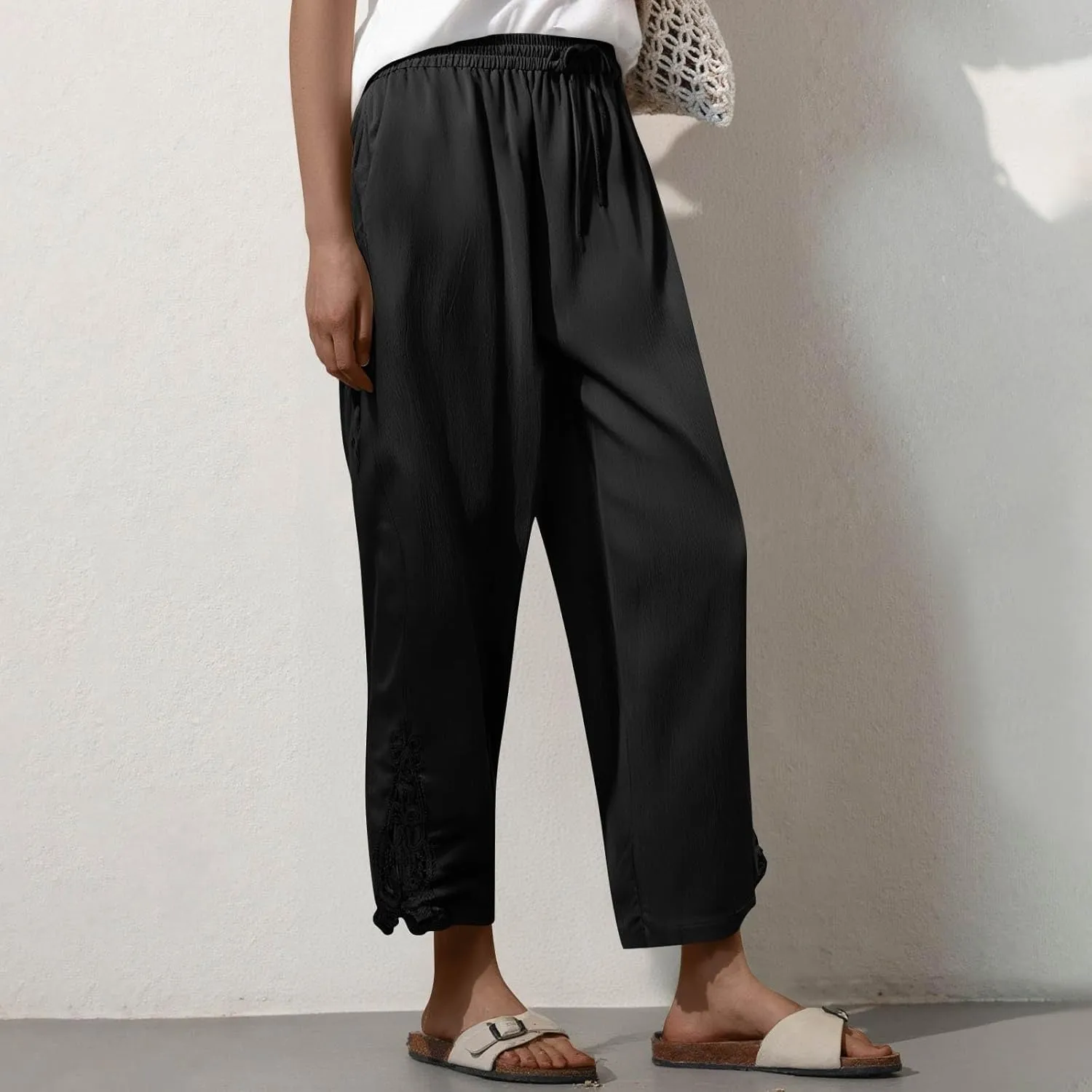 Cropped Linen Pants for Women 2025 Wide Leg Drawstring High Waisted Pants with Pockek Casual Summer Trousers for Seniors
