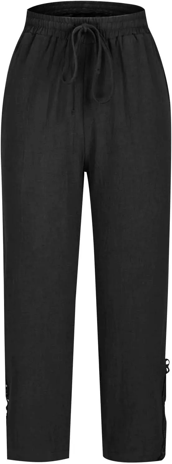 Cropped Linen Pants for Women 2025 Wide Leg Drawstring High Waisted Pants with Pockek Casual Summer Trousers for Seniors