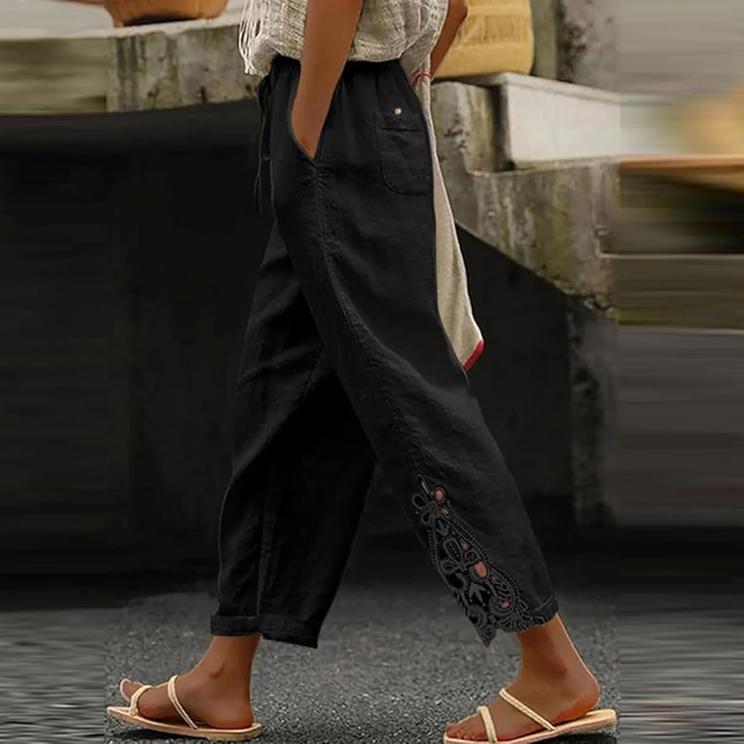 Cropped Linen Pants for Women 2025 Wide Leg Drawstring High Waisted Pants with Pockek Casual Summer Trousers for Seniors